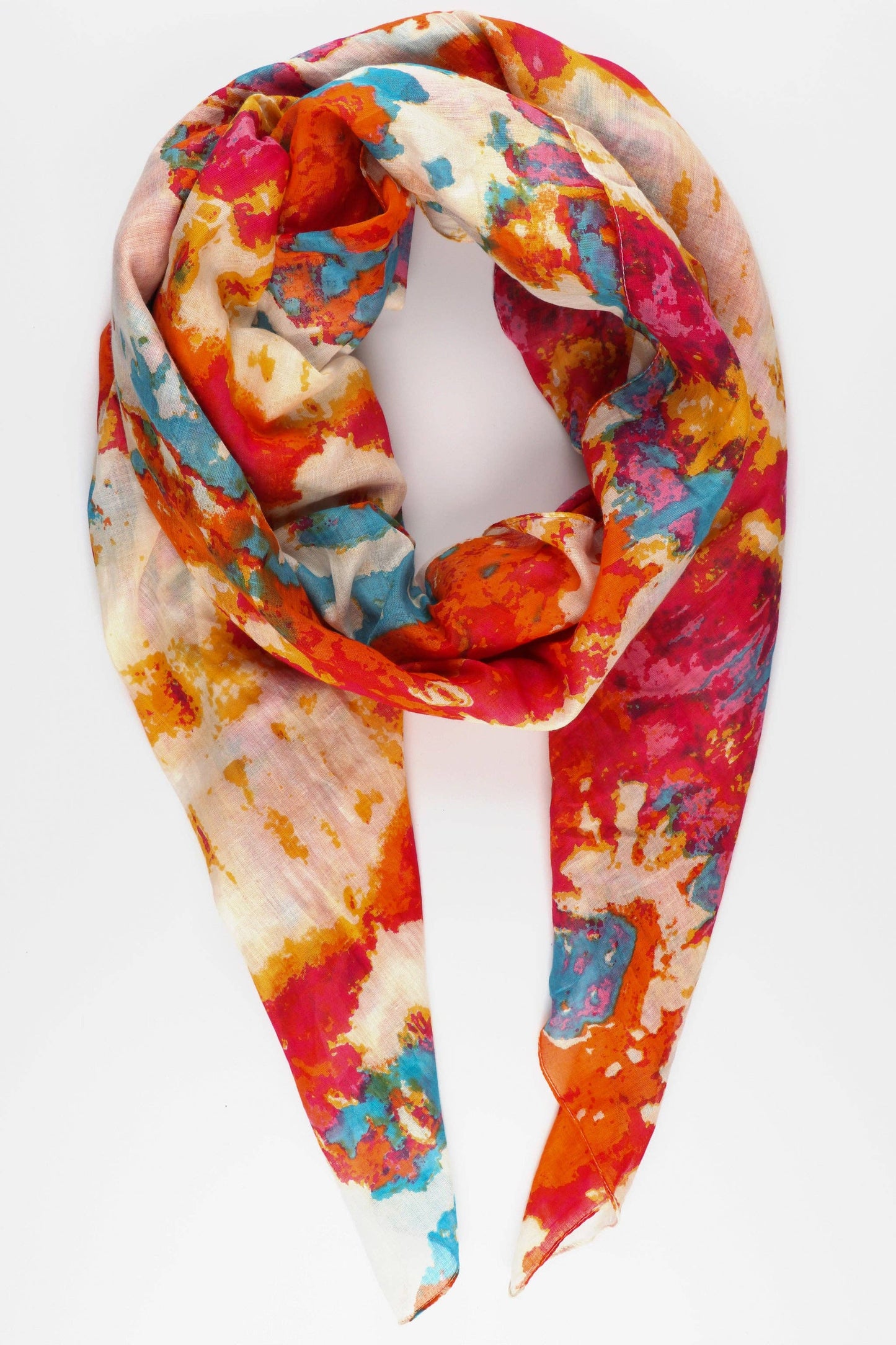 Watercolour Tie Dye Print Cotton Scarf in Pink Orange