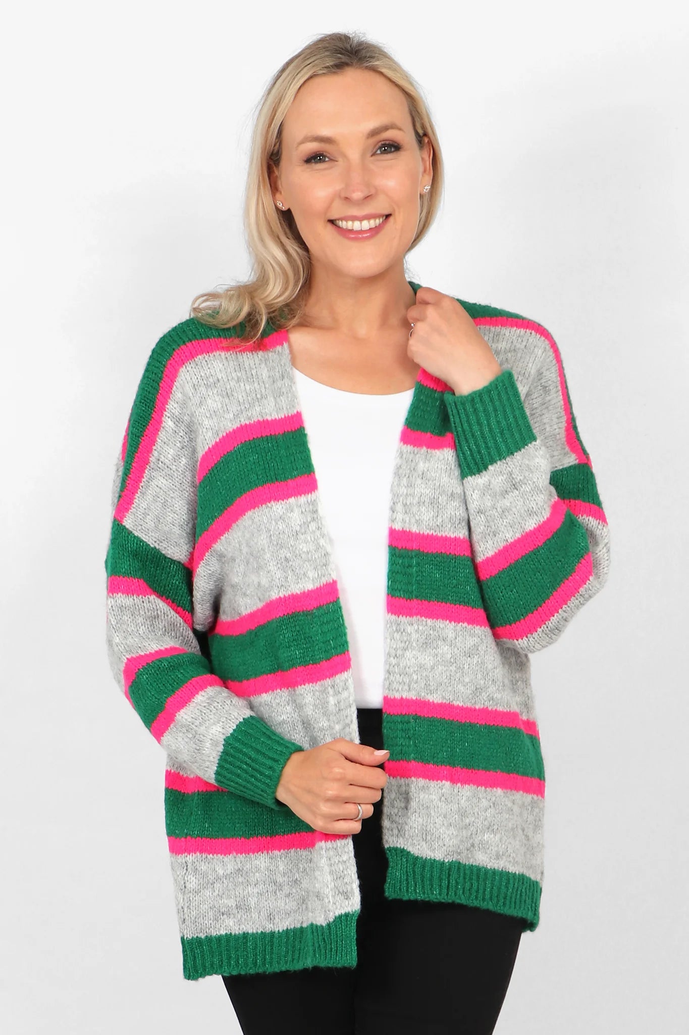 Emerald , grey and fuchsia strip cardigan