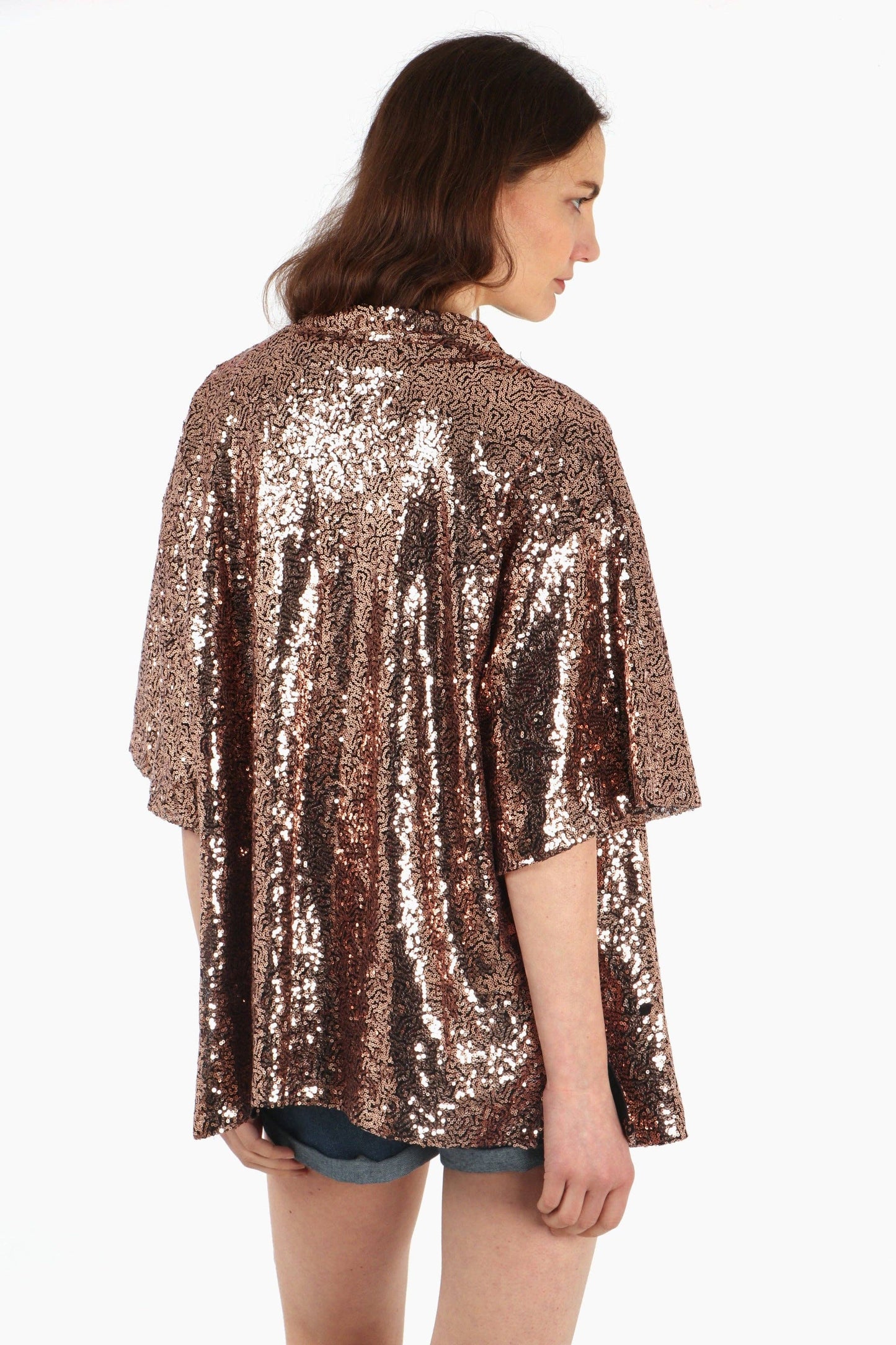 All Over Sequin Short Kimono Jacket in Bronze