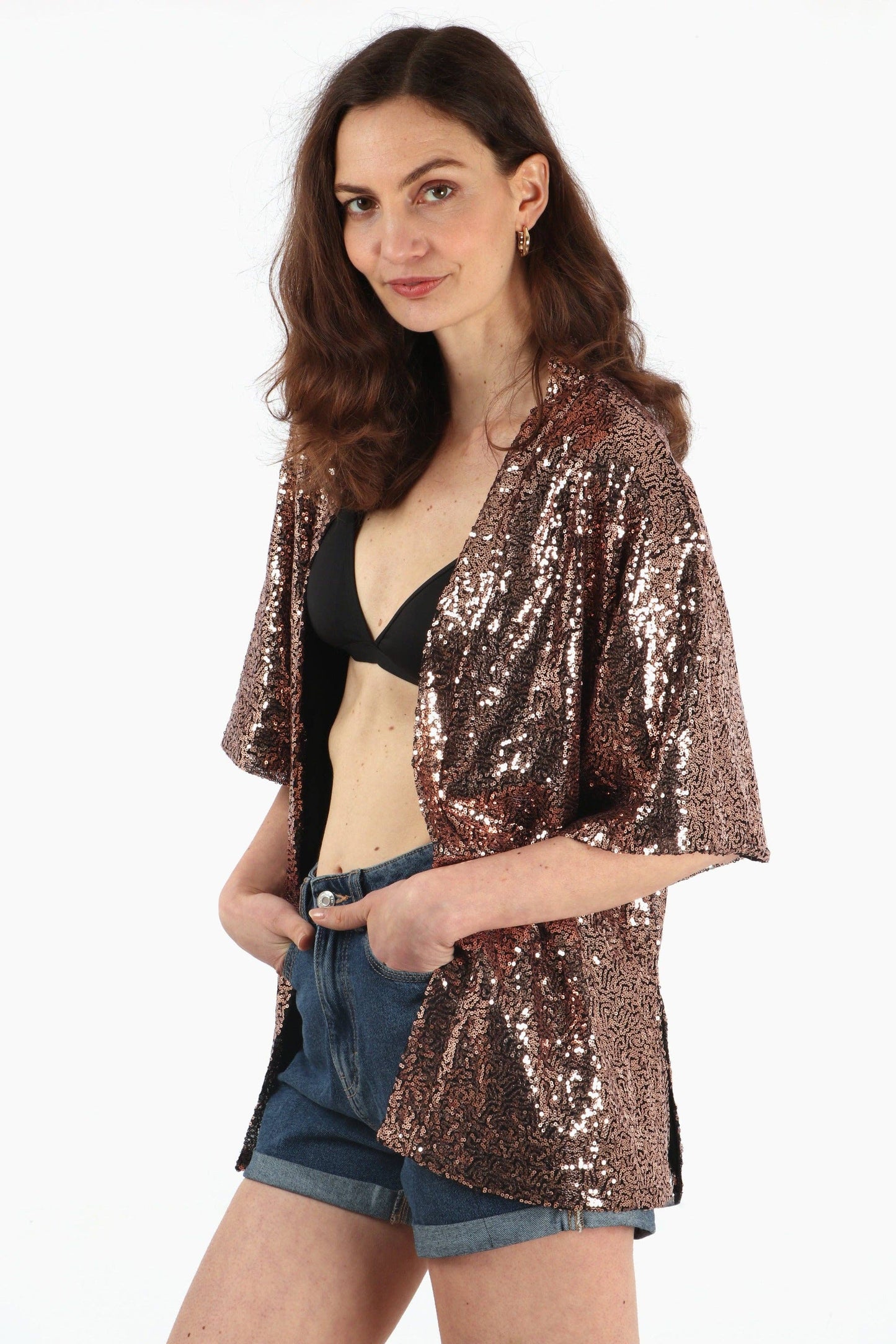 All Over Sequin Short Kimono Jacket in Bronze