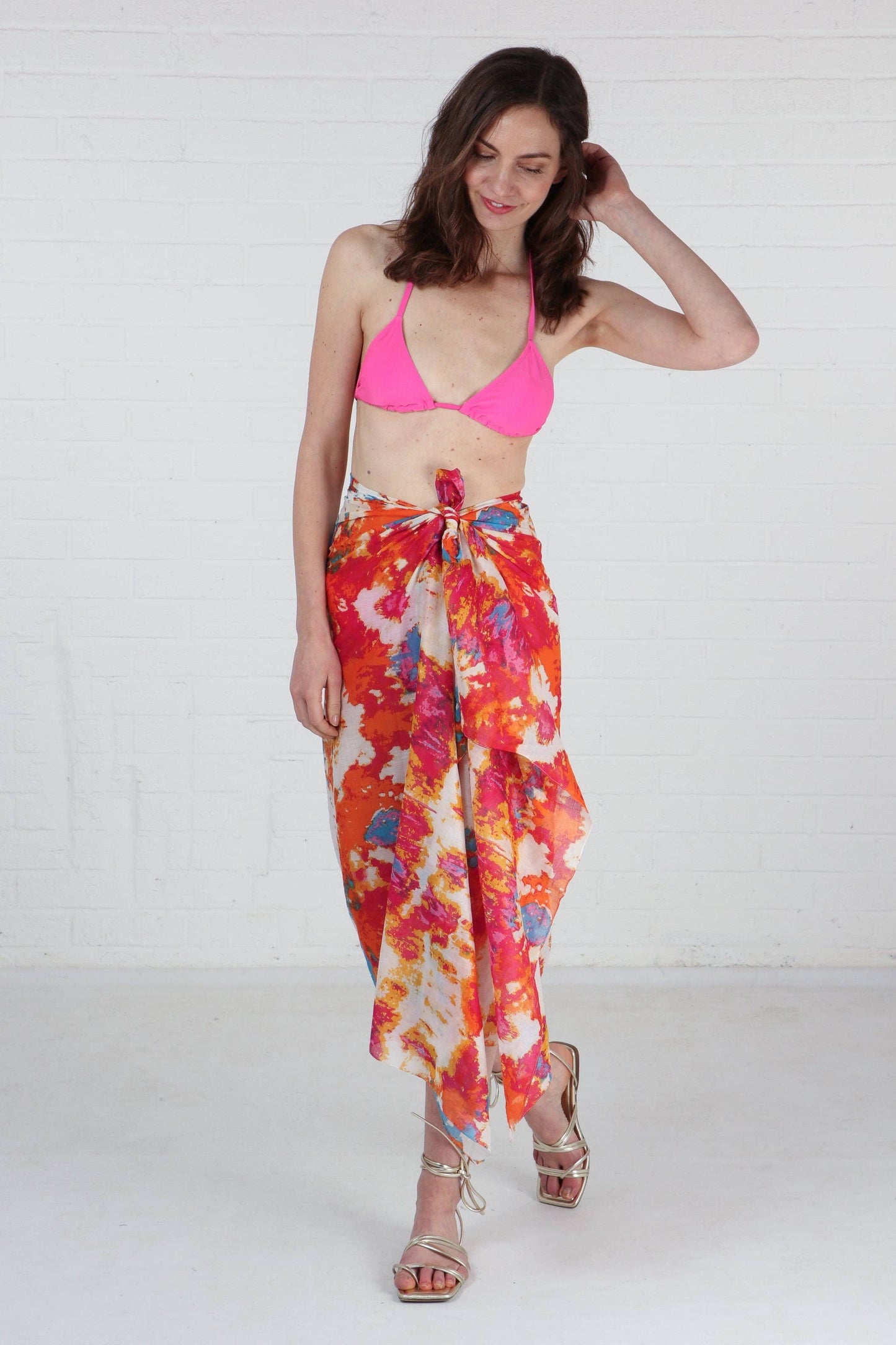 Watercolour Tie Dye Print Cotton Scarf in Pink Orange