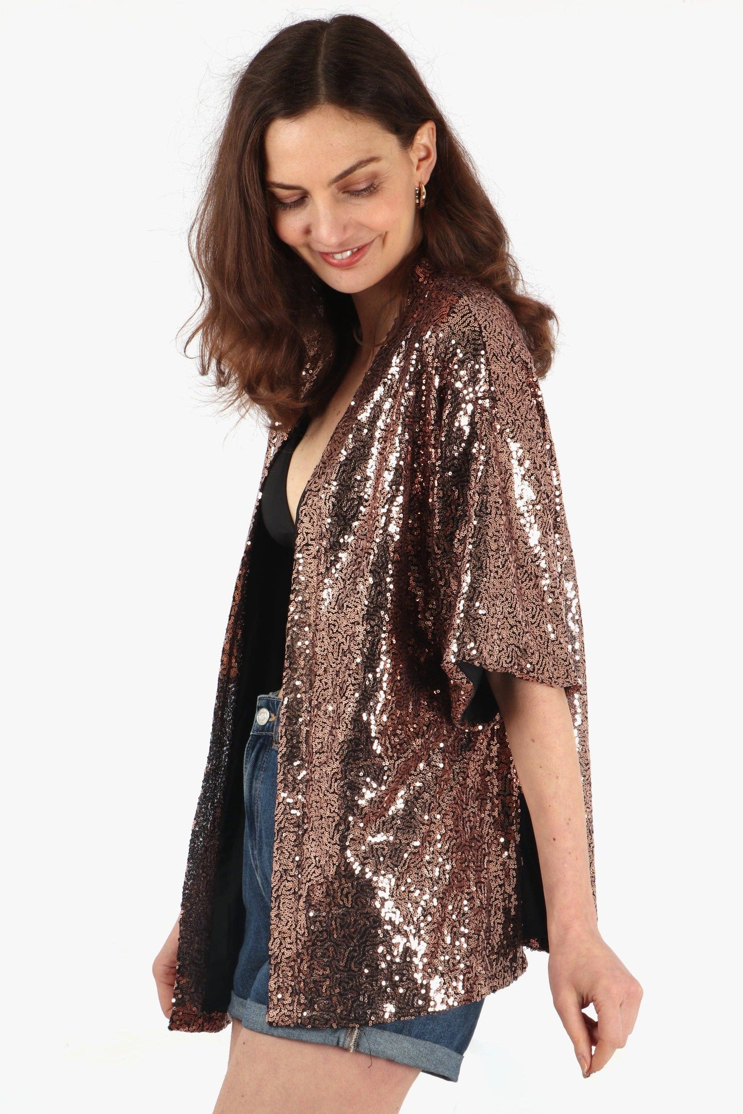 All Over Sequin Short Kimono Jacket in Bronze
