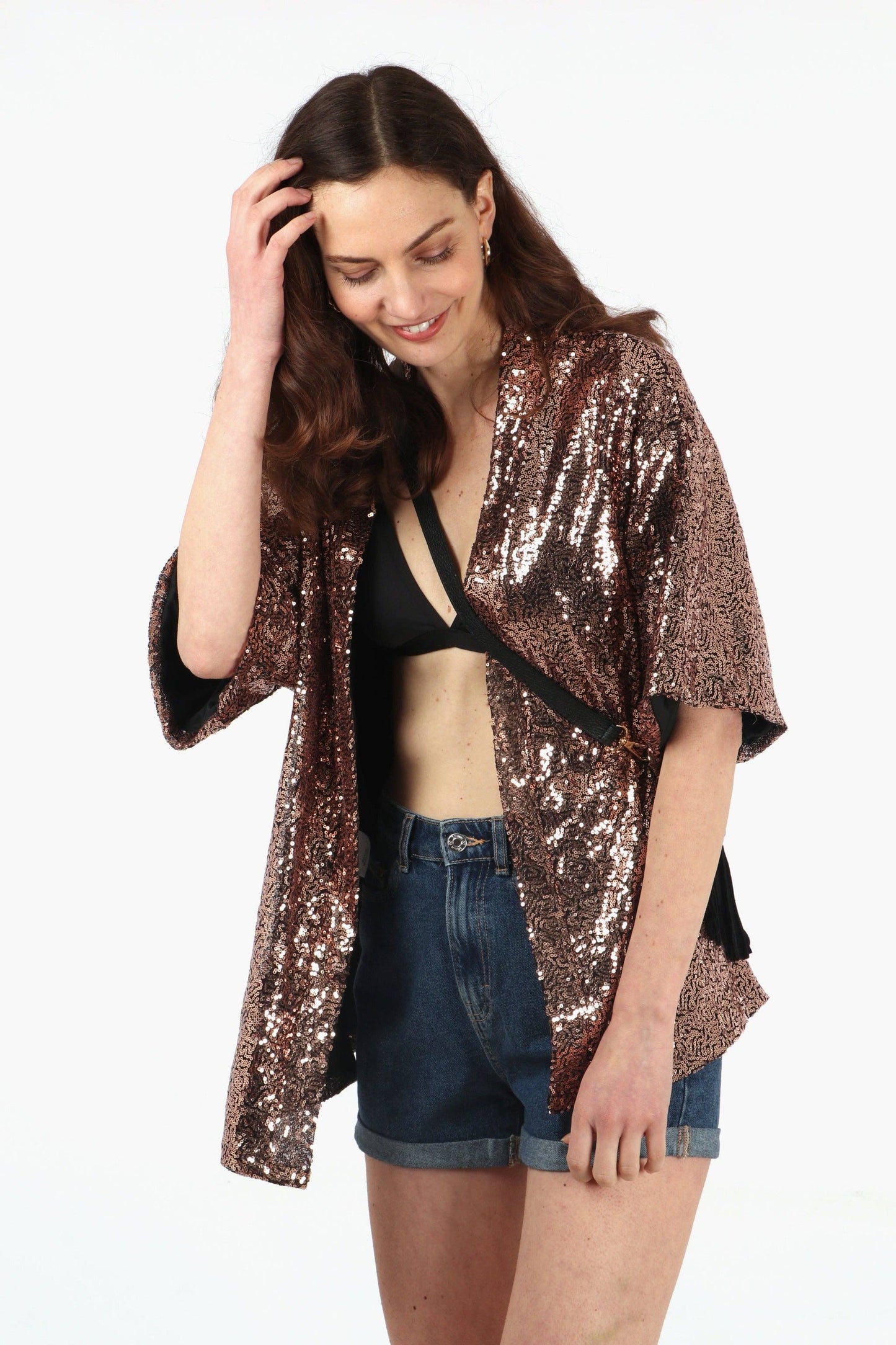 All Over Sequin Short Kimono Jacket in Bronze